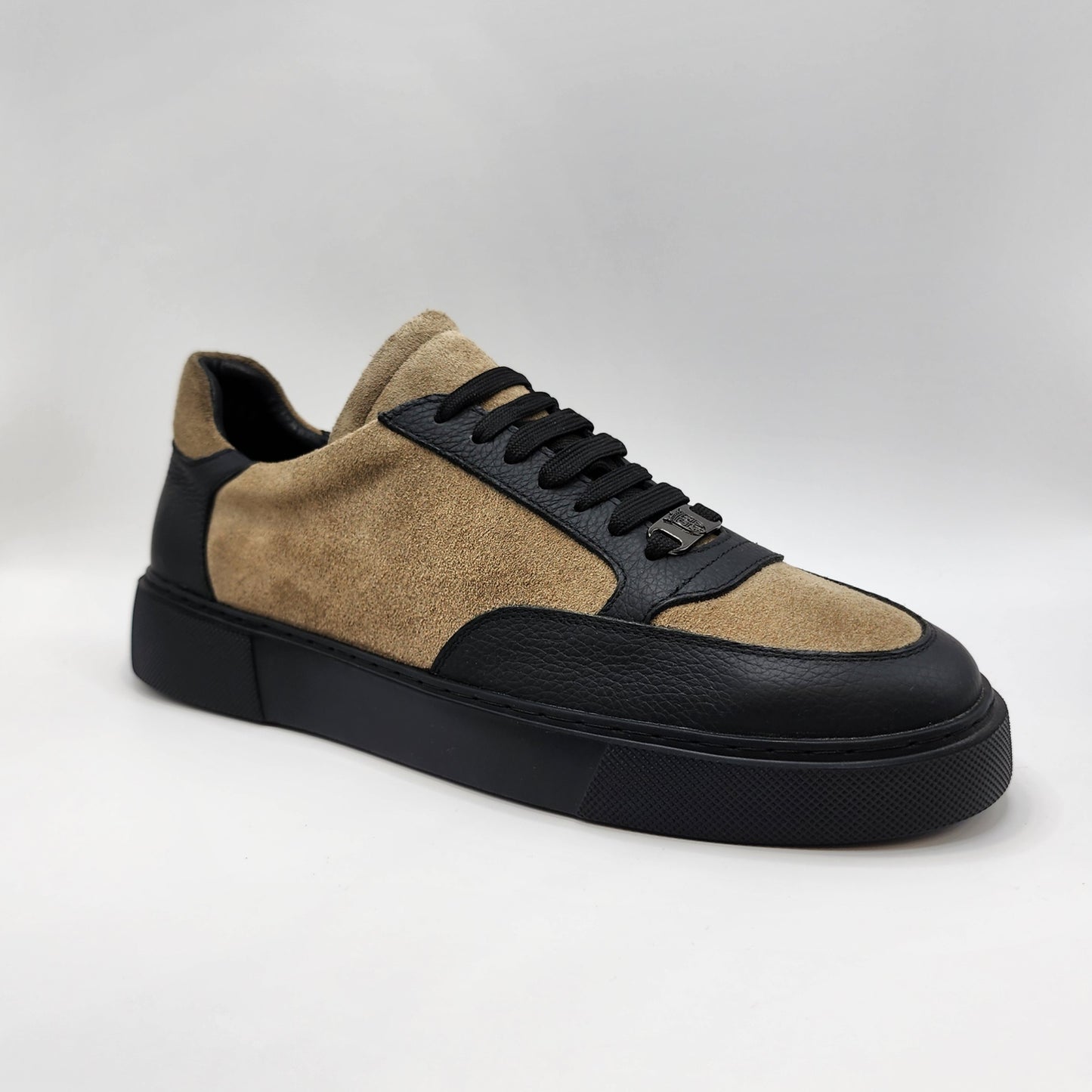 Cream suede and black leather sneakers