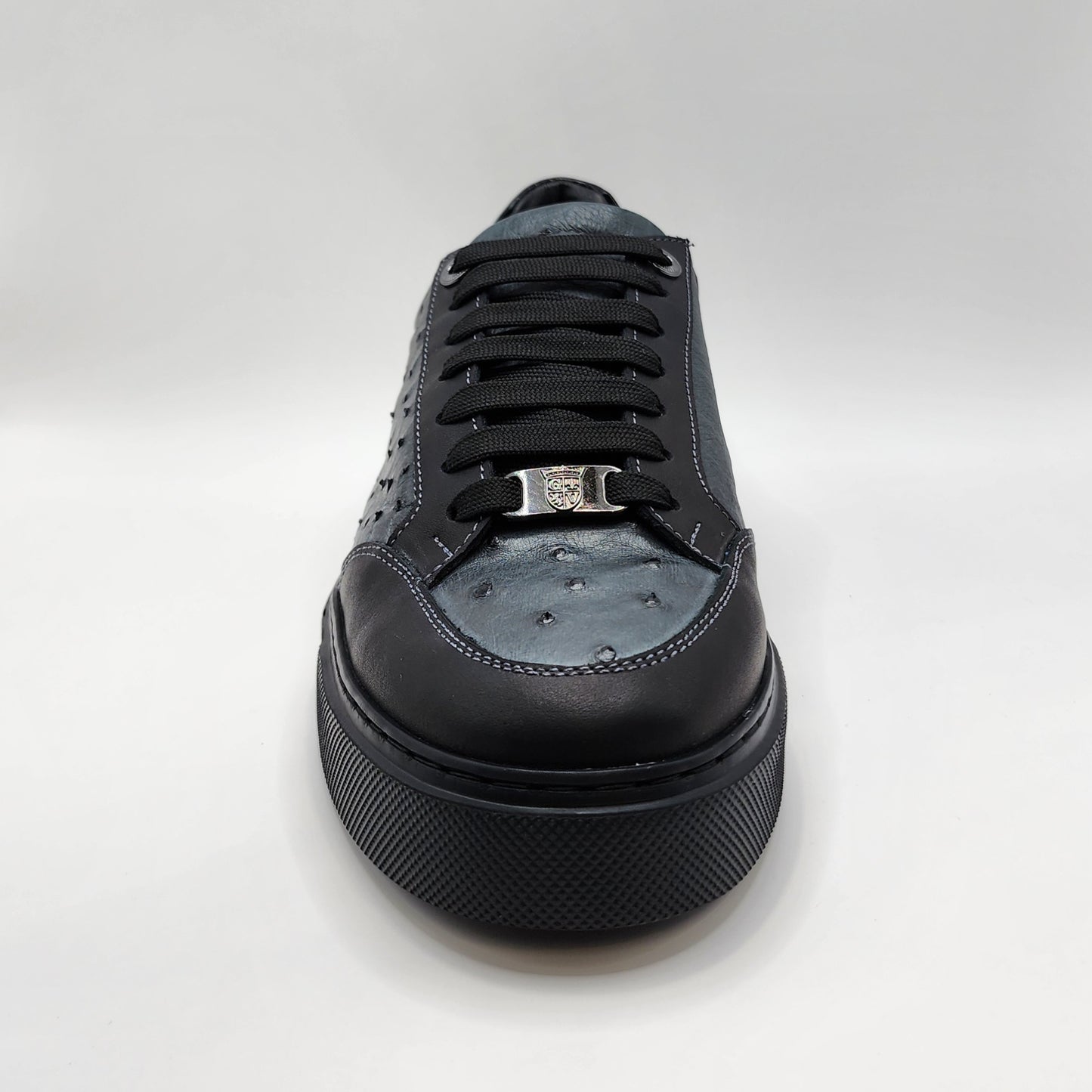 Grey ostrich with black leather sneakers