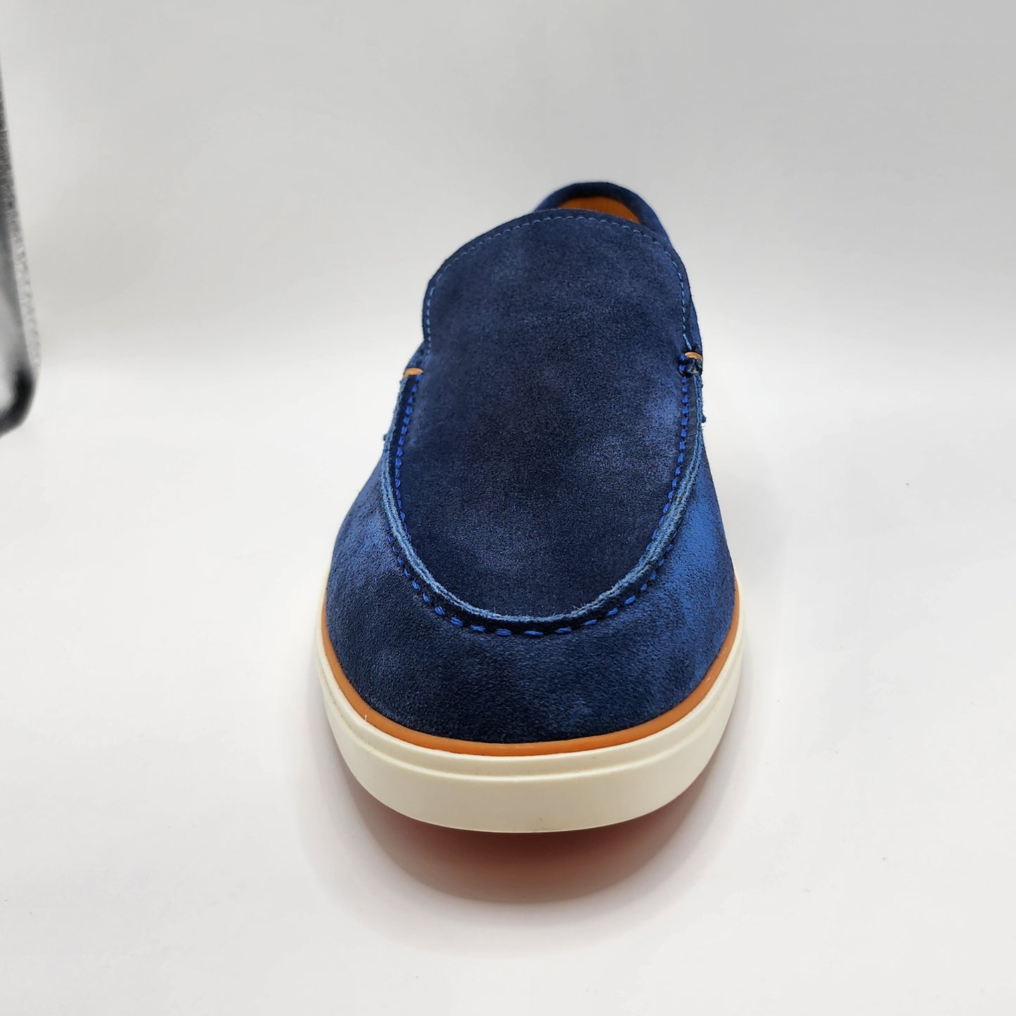 Blue suede loafers with orange shade