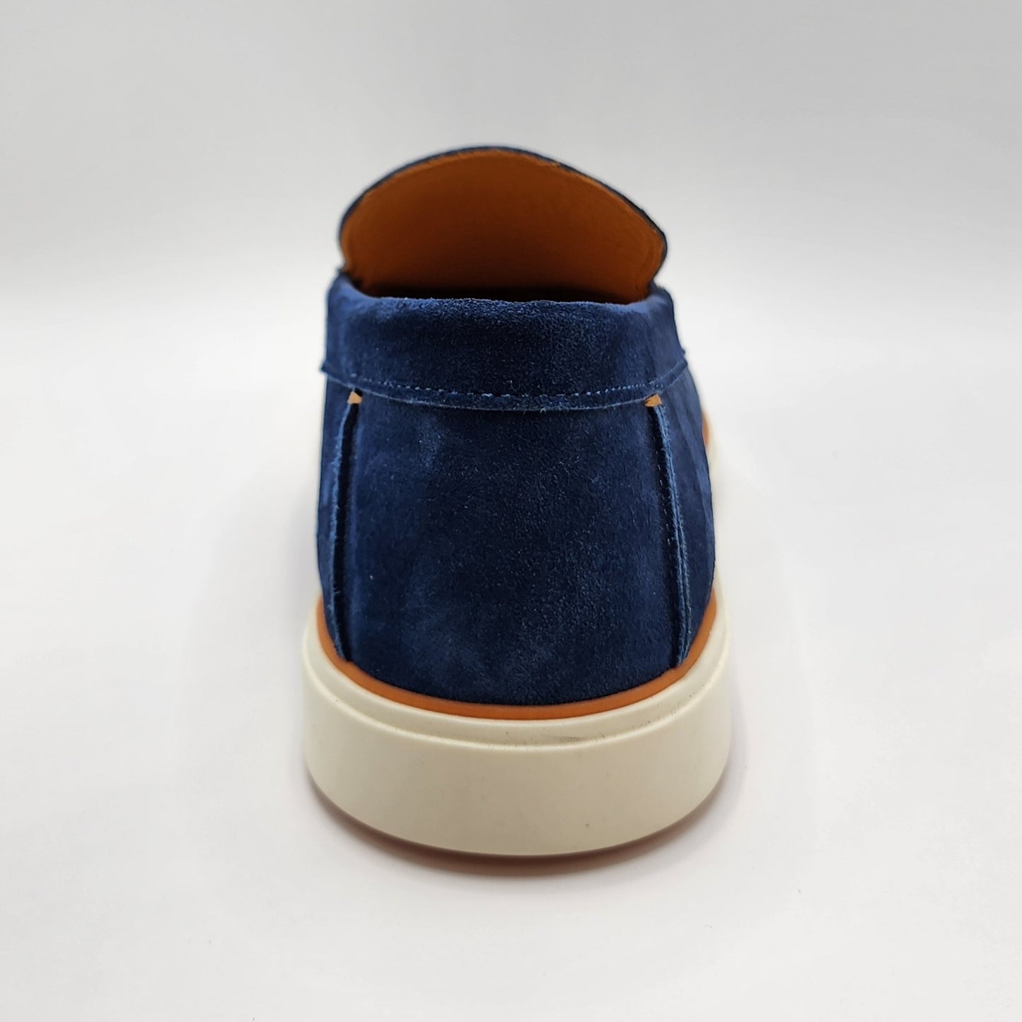 Blue suede loafers with orange shade