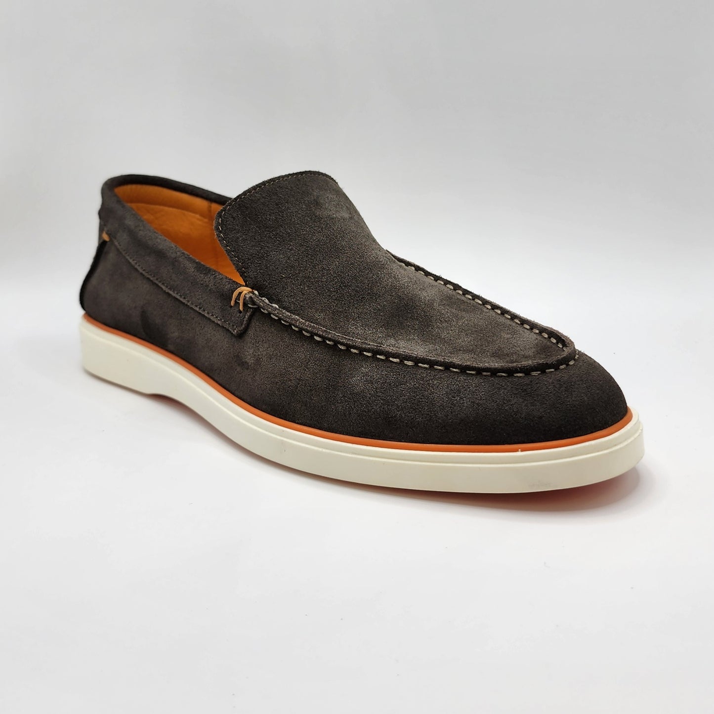 Brown suede loafers with orange shade