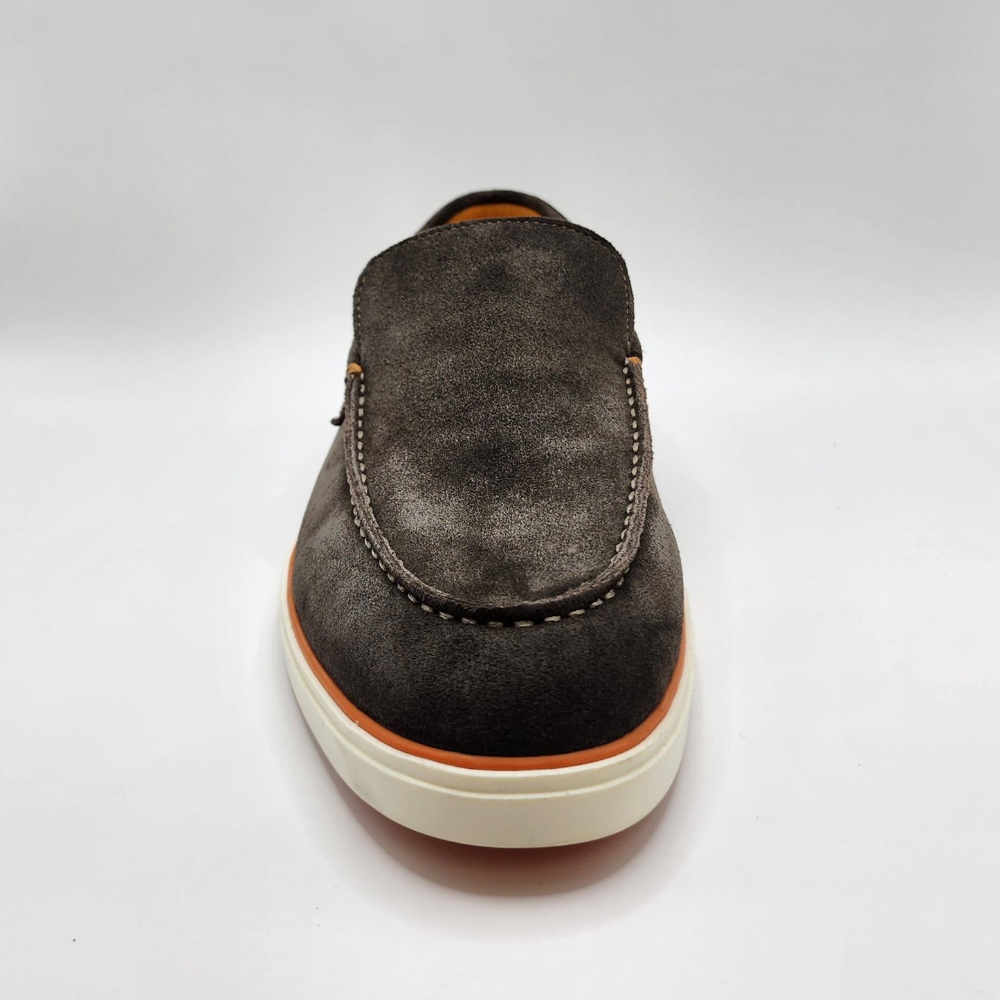Brown suede loafers with orange shade