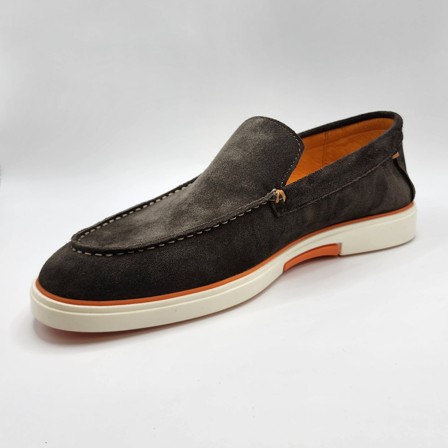 Brown suede loafers with orange shade
