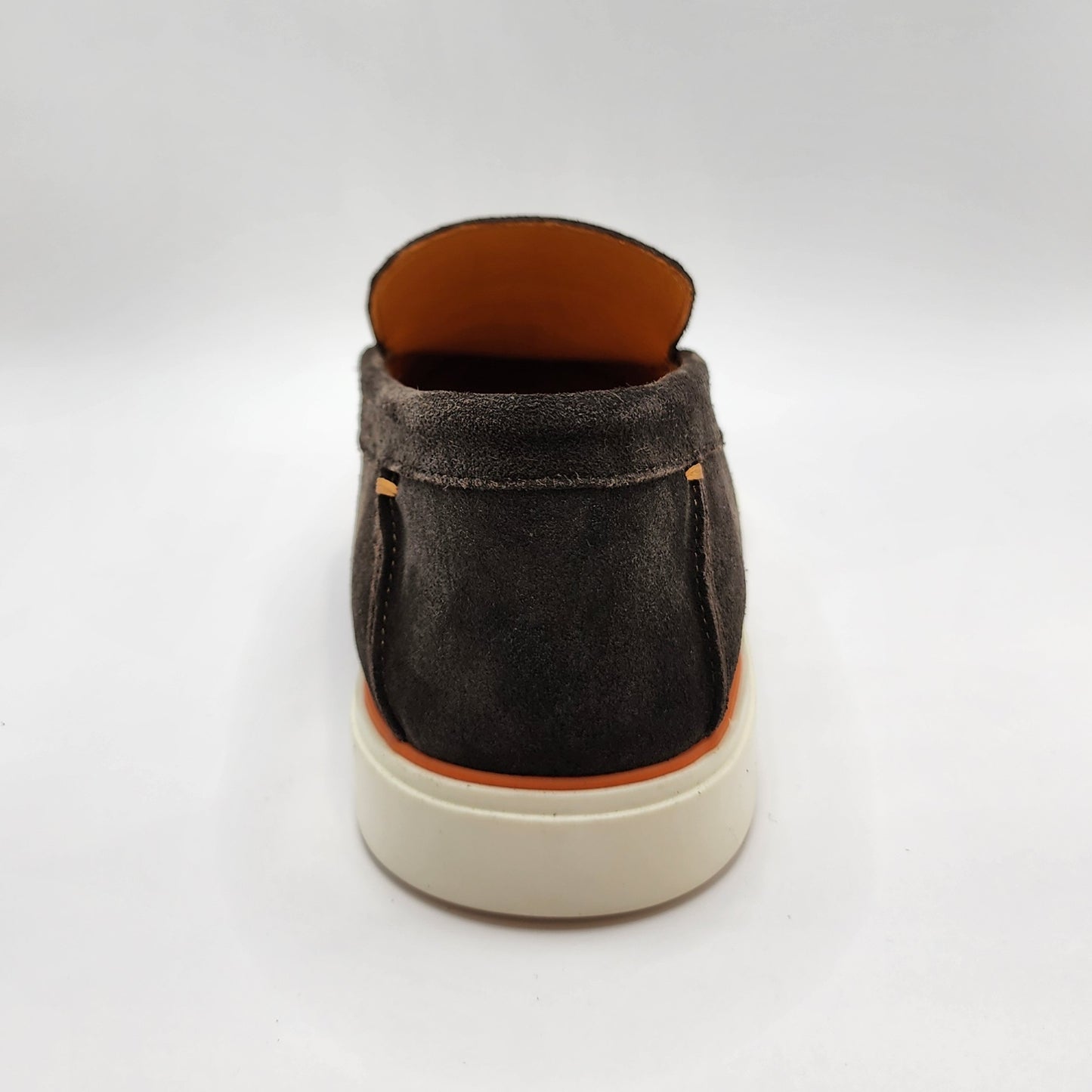 Brown suede loafers with orange shade