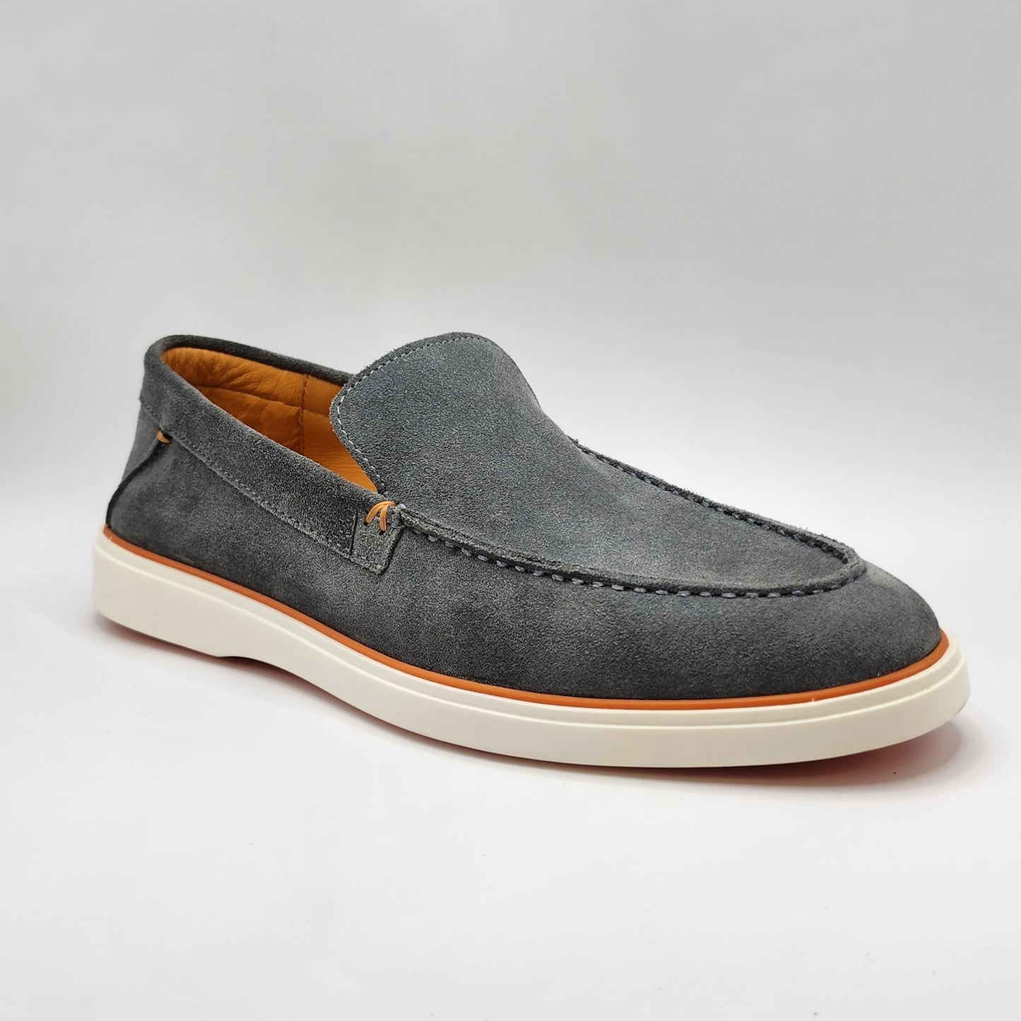 Grey suede loafers with orange shade