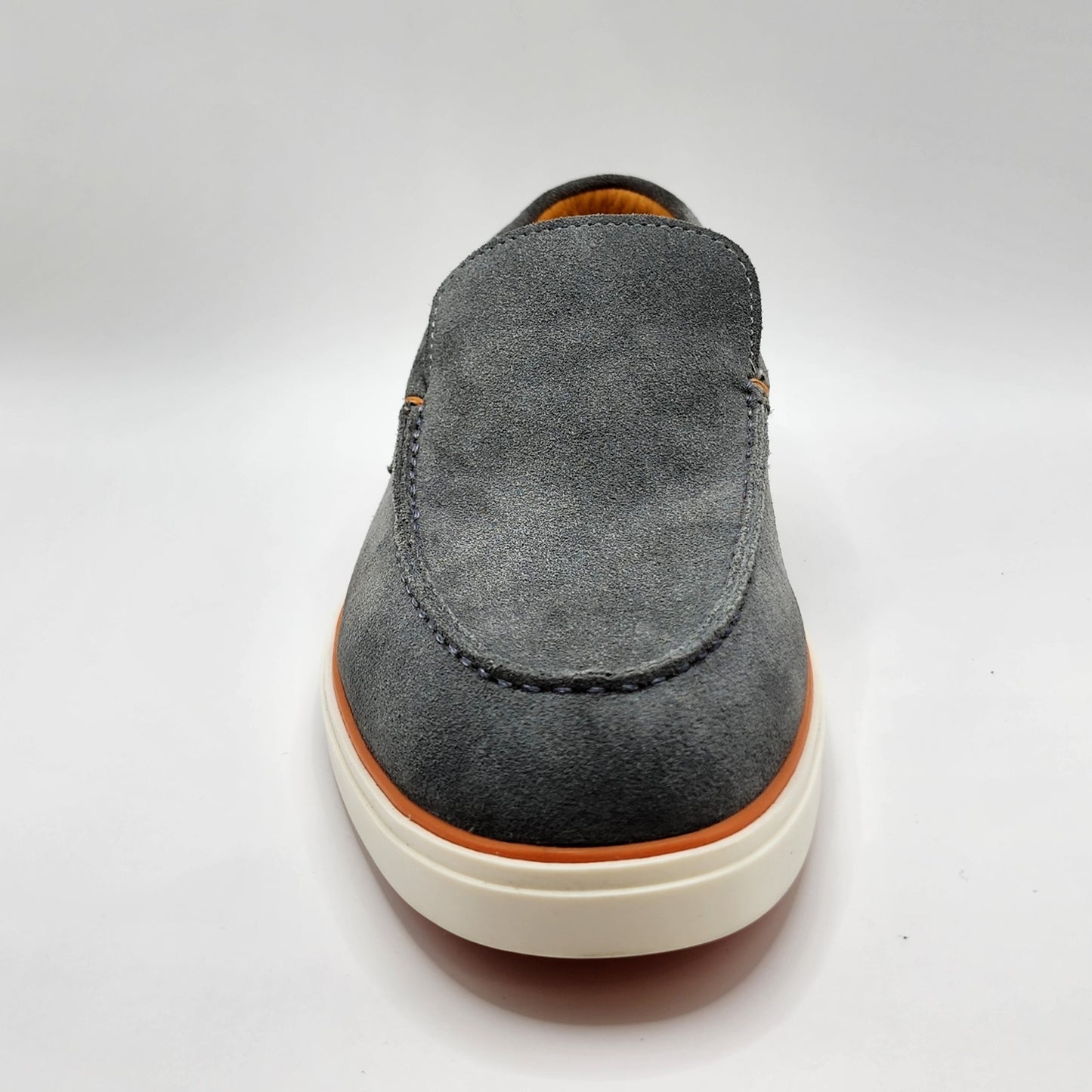 Grey suede loafers with orange shade