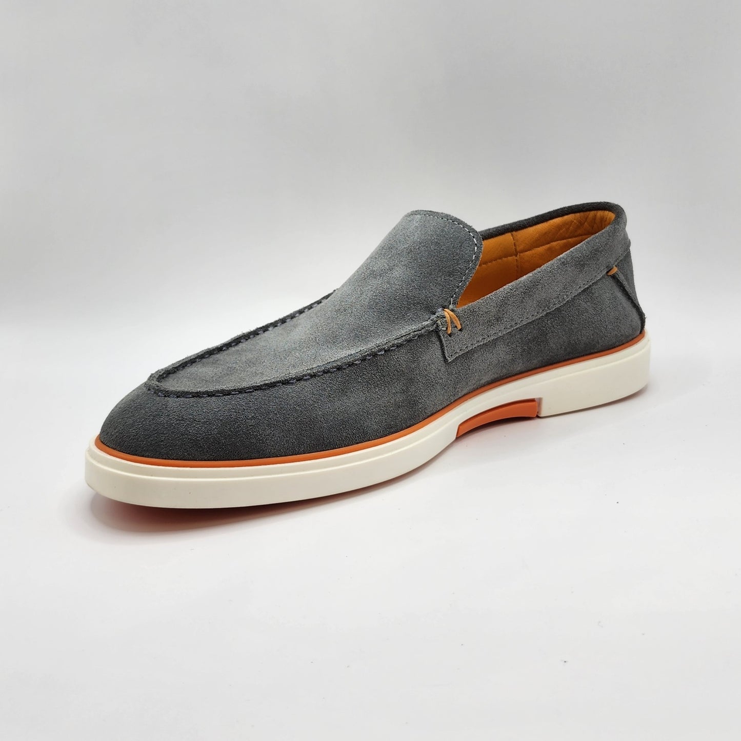 Grey suede loafers with orange shade