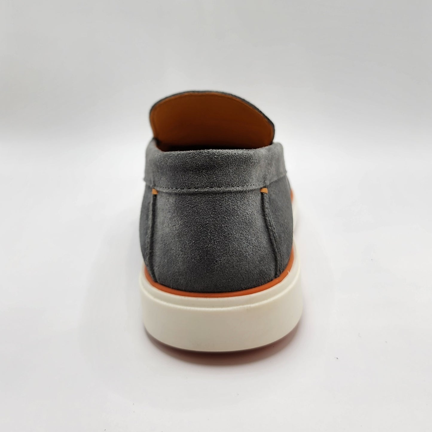 Grey suede loafers with orange shade