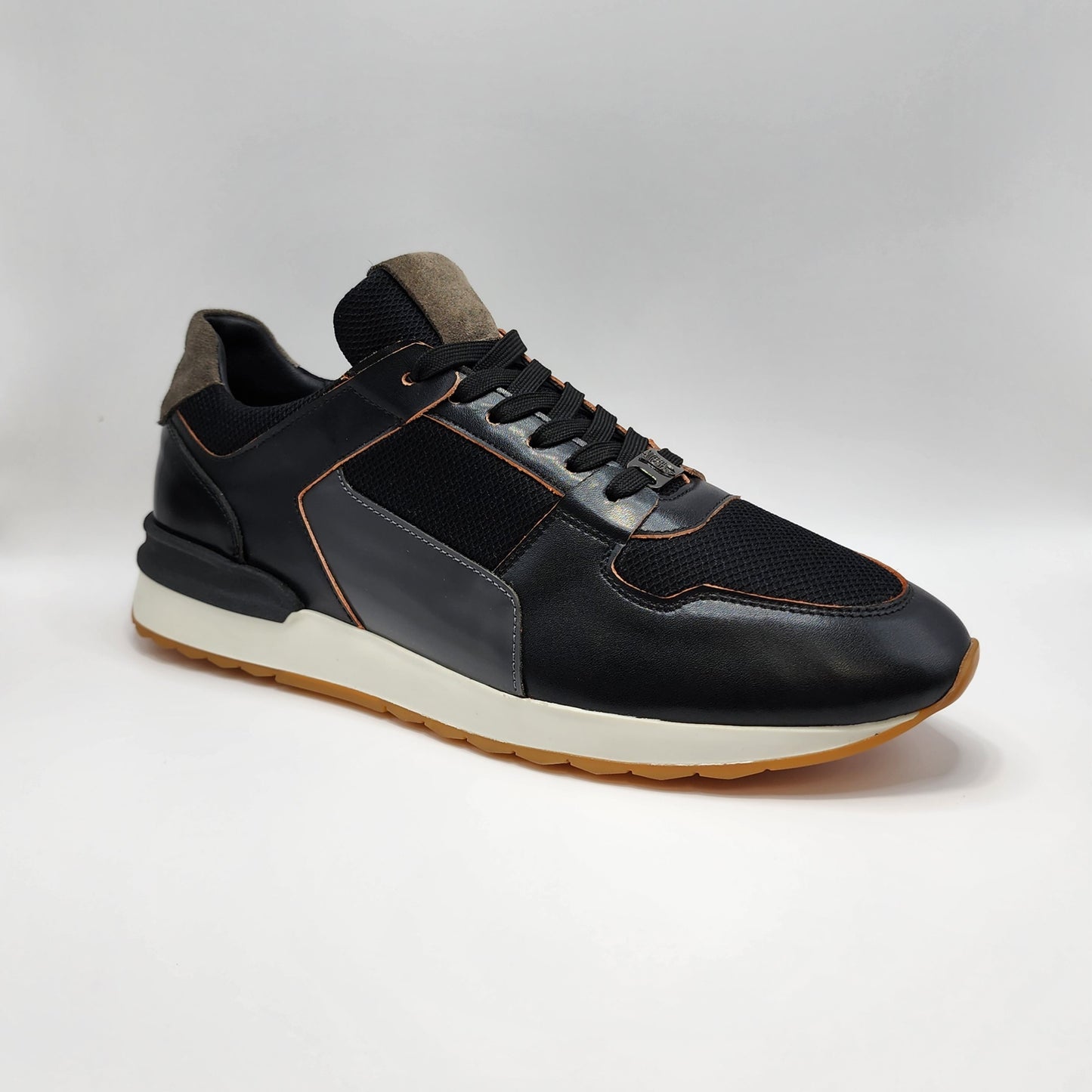 Black leather & orange shade sneakers