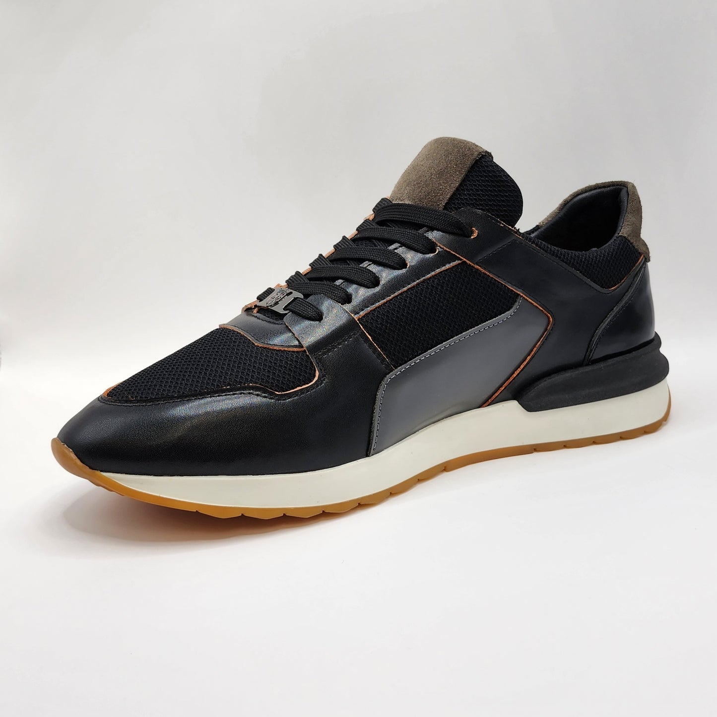 Black leather & orange shade sneakers