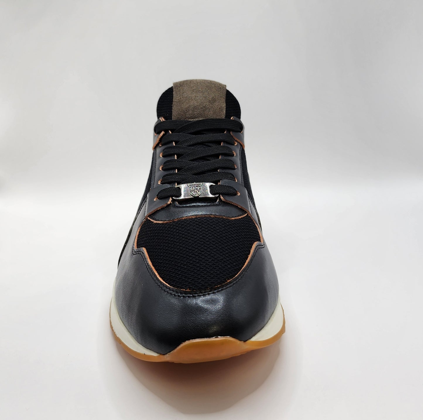 Black leather & orange shade sneakers