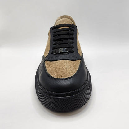 Cream suede and black leather sneakers