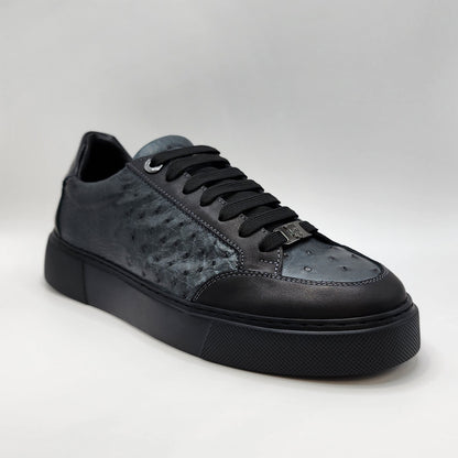 Grey ostrich with black leather sneakers