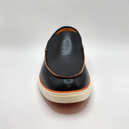 Black leather loafers with orange shade