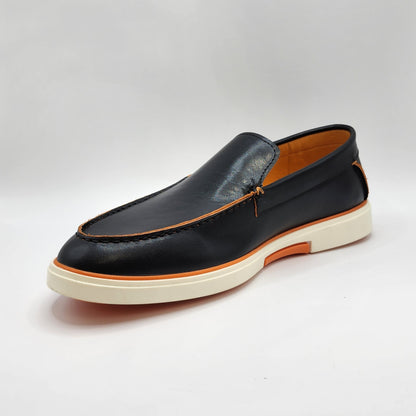 Black leather loafers with orange shade